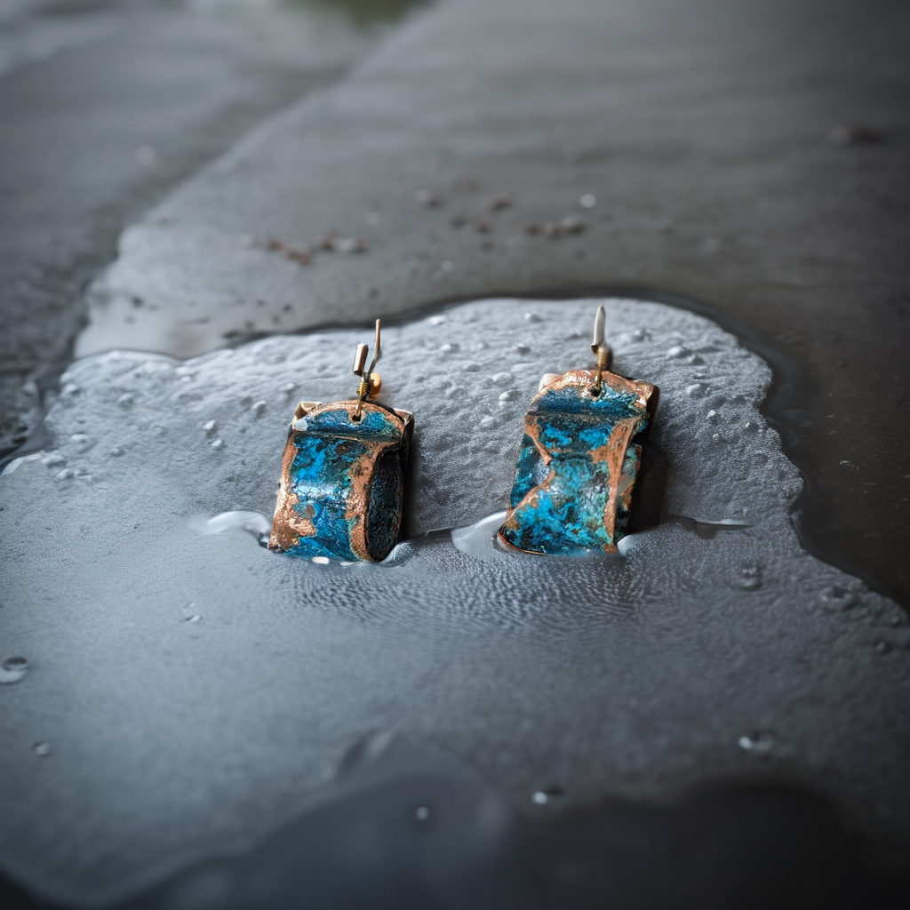 Boucles d'oreilles cuivre rondes patine bleue.