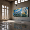 Pièce unique 116 × 267 cm : triptyque informel « Naufrage » – encre, acrylique, pastel sur lin. Toile galerie, châssis clé, vernis UV. Vague déchirée, ciel délavé, coque fantôme. Livraison France 48 h, certificat signé.