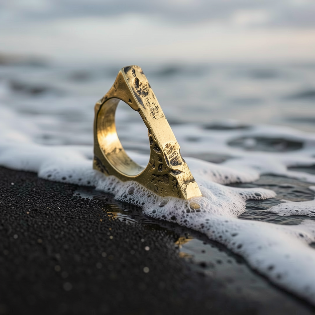 Découvrez la bague en laiton 67/33. Un anneau brut à la texture organique inspirée par l'érosion. Bijou artisanal fabriqué en Corse. L'élégance du métal sauvage.